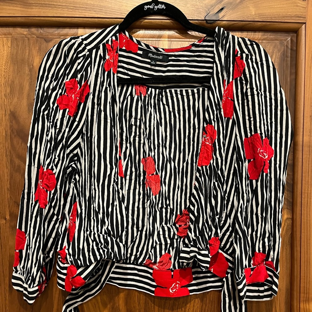 MADEWELL Black and White Striped Blouse with Red Flowers